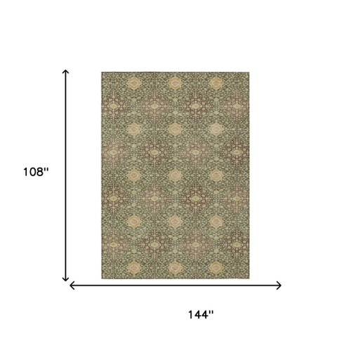 9' X 12' Olive Green And Chocolate Damask Washable Indoor Outdoor Area Rug