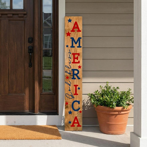 59" Natural Red And Blue Solid Wood God Bless America Porch Sign