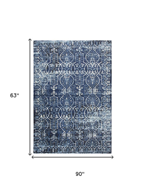 5' X 8' Blue Ivory Light Blue And Black Trellis Area Rug