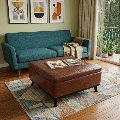 37" Brown and Black Rolling Faux Leather Storage Ottoman