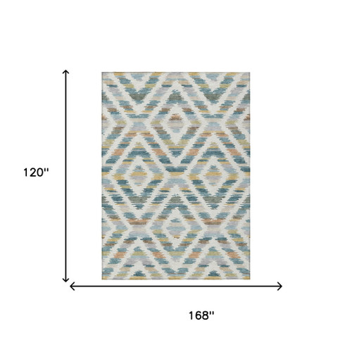 10' X 14' Teal Blue And Copper Tribal Washable Indoor Outdoor Area Rug