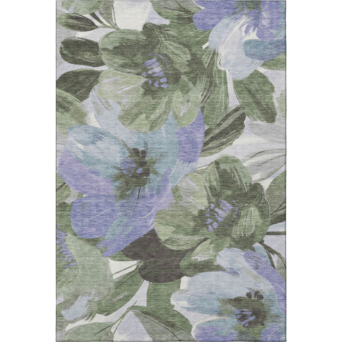 9' X 12' Olive Green Ivory And Lavender Floral Washable Area Rug With UV Protection