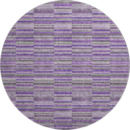 8' Purple And Gray Striped Washable Round Rug With UV Protection
