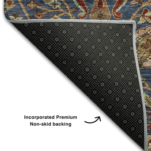 10' X 14' Navy Blue Red And Green Floral Washable Area Rug With UV Protection