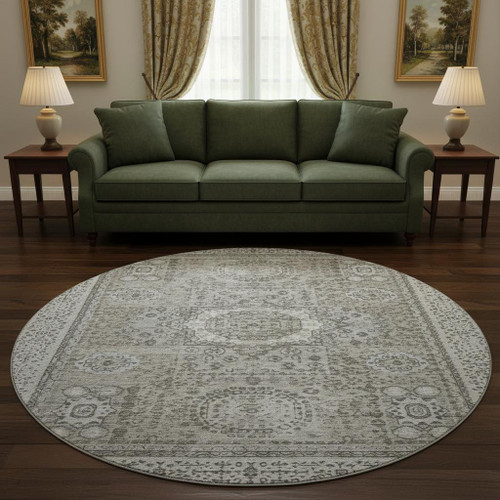 8' Pewter And Silver Oriental Washable Round Rug With UV Protection