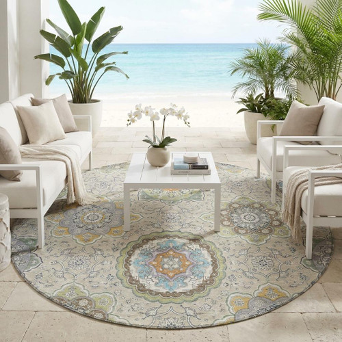 8' Beige And Brown Round Floral Medallion Washable Indoor Outdoor Area Rug