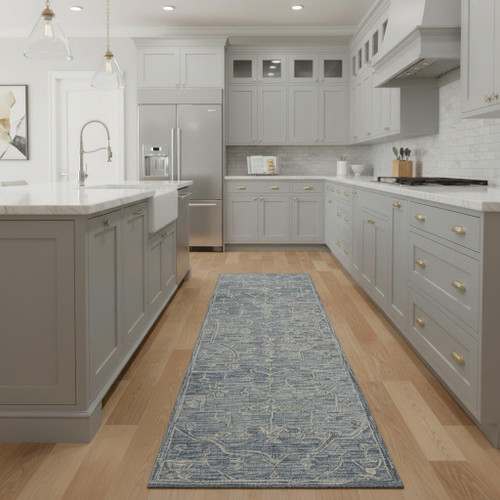 8' Blue And Ivory Wool Floral Hand Tufted Runner Rug
