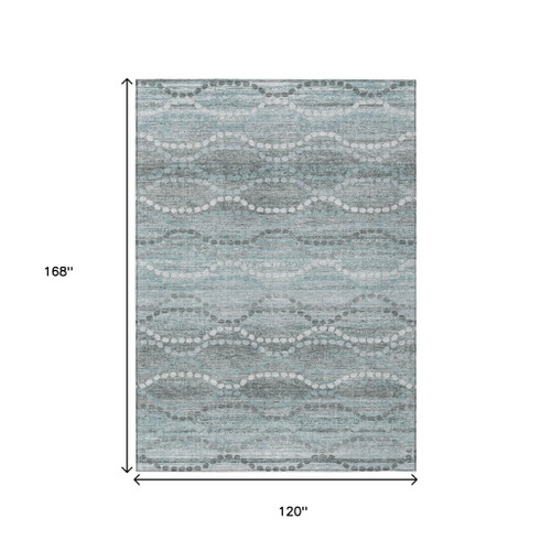 10' X 14' Teal Blue And Ivory Ogee Washable Indoor Outdoor Area Rug