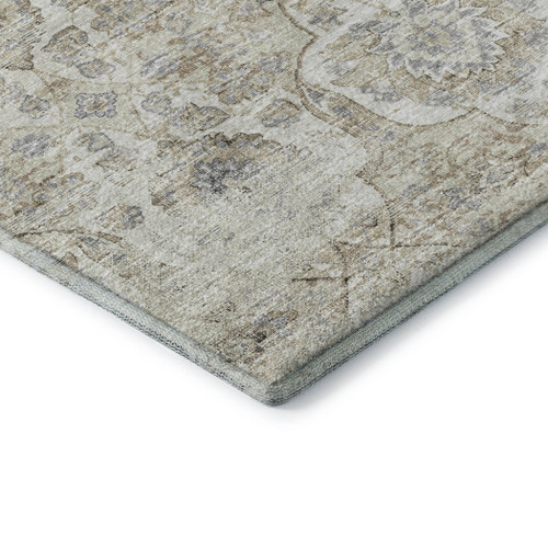 8' Linen And Ivory Floral Medallion Distressed Washable Round Rug With UV Protection
