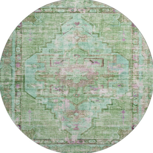 8' Artichoke Green Lavender And Teal Oriental Washable Round Rug With UV Protection