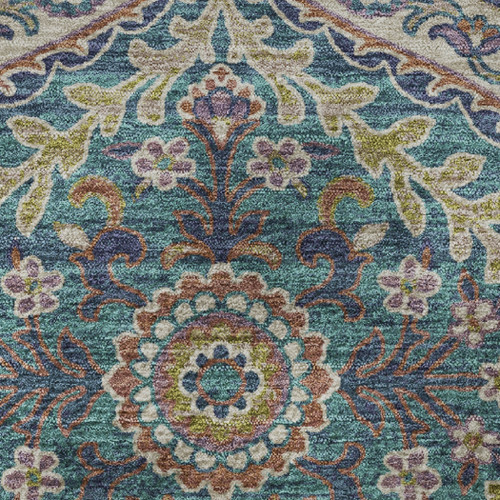 9' X 12' Blue Copper And Fern Green Floral Washable Area Rug With UV Protection