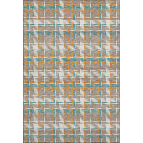5' X 8' Taupe Ivory And Teal Plaid Washable Area Rug With UV Protection
