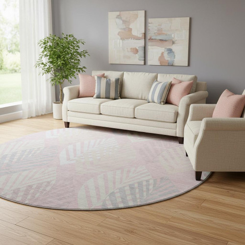 8' Pink Ivory And Blue Floral Washable Round Rug With UV Protection