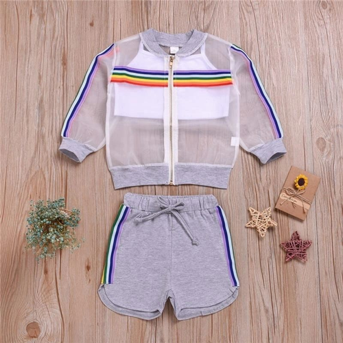 Girls Design Rainbow Pattern Coat And Shorts With Camisole Set