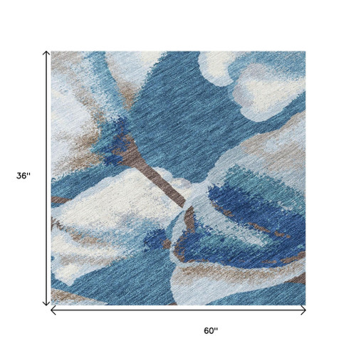 3' X 5' Blue And Ivory Botanical Leaves Washable Indoor Outdoor Area Rug