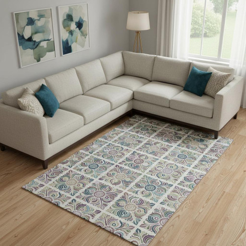 8' X 10' Ivory Purple And Teal Medallion Washable Area Rug With UV Protection
