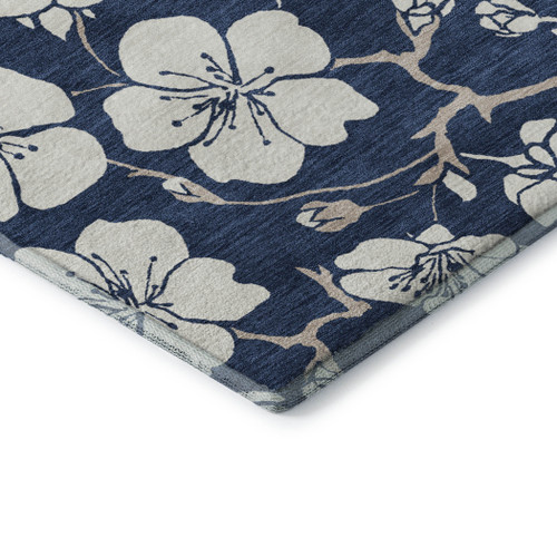 10' X 14' Navy Blue And Ivory Floral Washable Area Rug With UV Protection