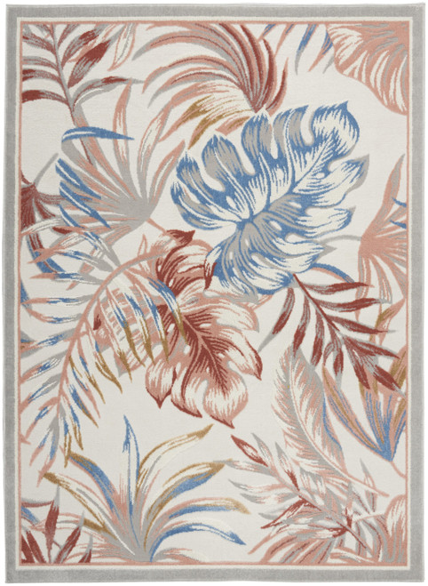 5' X 7' Ivory Blue And Gray Botanical Leaves Area Rug