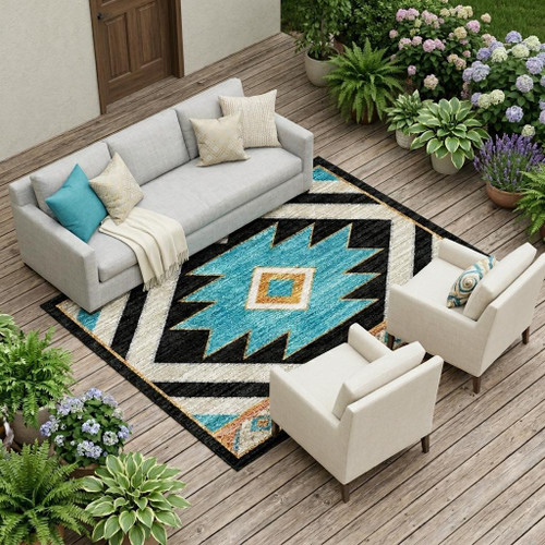 8' X 10' Black And Taupe Southwestern Washable Indoor Outdoor Area Rug