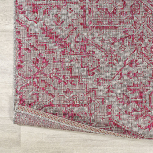 5' Light Gray And Fuchsia Square Medallion Indoor Outdoor Area Rug