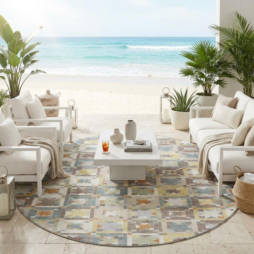8' Ivory And Brown Round Patchwork Washable Indoor Outdoor Area Rug
