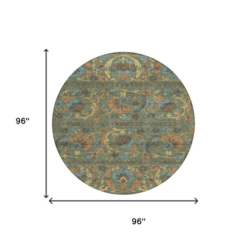 8' Green And Copper Round Floral Washable Indoor Outdoor Area Rug
