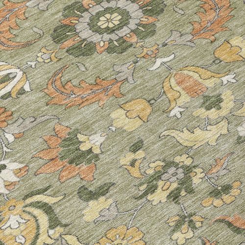 3' X 5' Sage And Olive Green Floral Medallion Washable Indoor Outdoor Area Rug