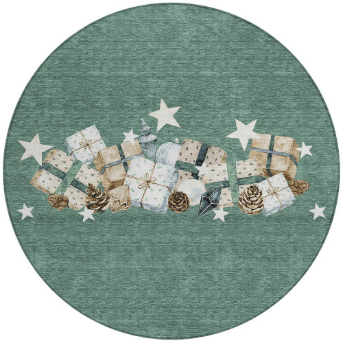 8' Pale Aqua Beige Ivory And Taupe Round Presents Washable Indoor Outdoor Area Rug