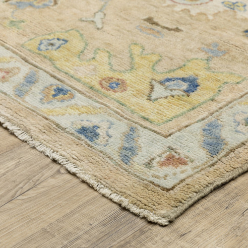 10' X 14' Gray Green And Yellow Wool Oriental Hand Knotted Area Rug With Fringe