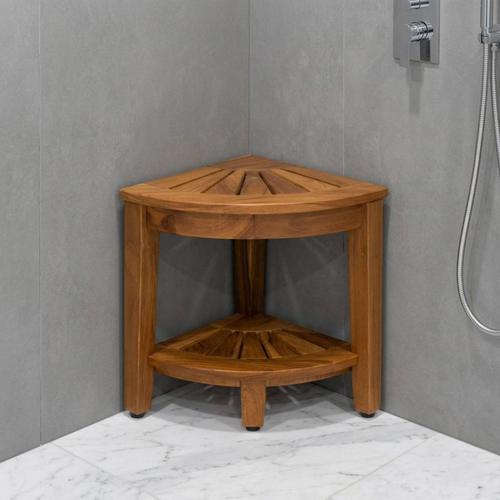 18" X 13" Brown Teak Corner Rectangular Shower Bench With Shelf