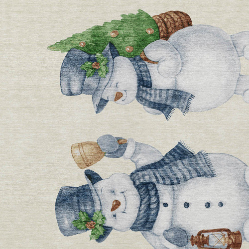 9' X 12' Ivory And Denim Blue Snowmen Washable Indoor Outdoor Area Rug