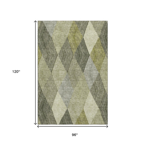 8' X 10' Olive Green Gray And Ivory Geometric Washable Area Rug With UV Protection