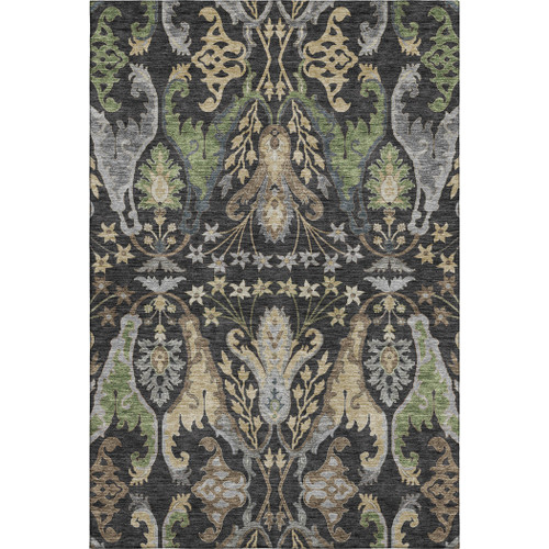 3' X 5' Black Olive Green And Gray Floral Washable Area Rug With UV Protection