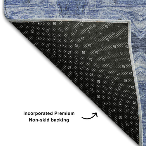 8' X 10' Denim Blue And Ivory Floral Medallion Washable Area Rug With UV Protection