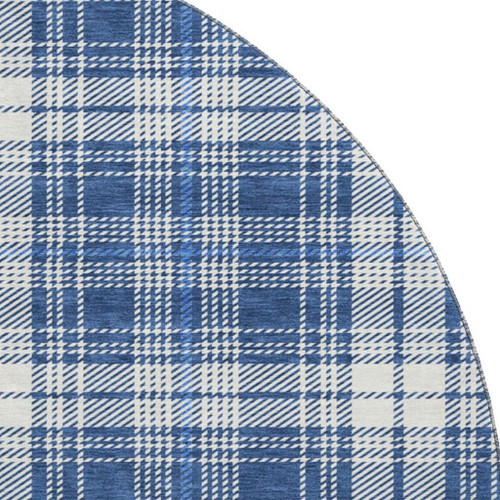 8' Navy Blue And Ivory Plaid Washable Round Rug With UV Protection