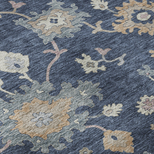 8' X 10' Navy Blue Copper And Gray Floral Washable Area Rug With UV Protection