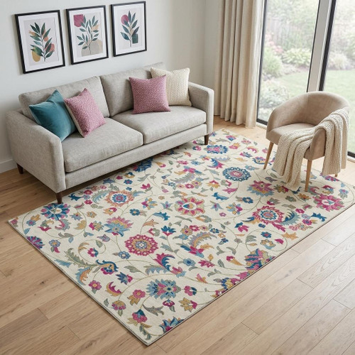 5' X 8' Linen Pink And Blue Floral Washable Area Rug With UV Protection