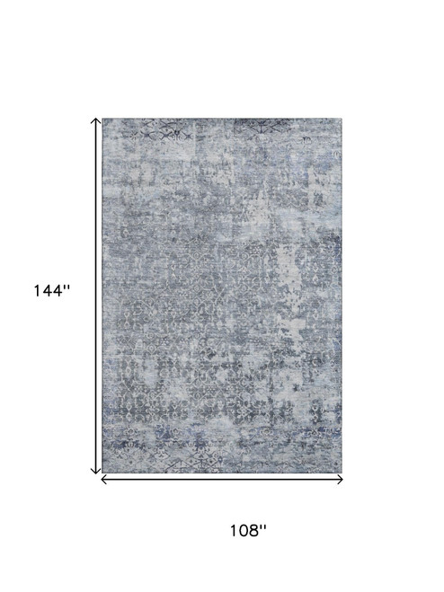 9' X 12' Denim Blue And Ivory Oriental Washable Area Rug With UV Protection