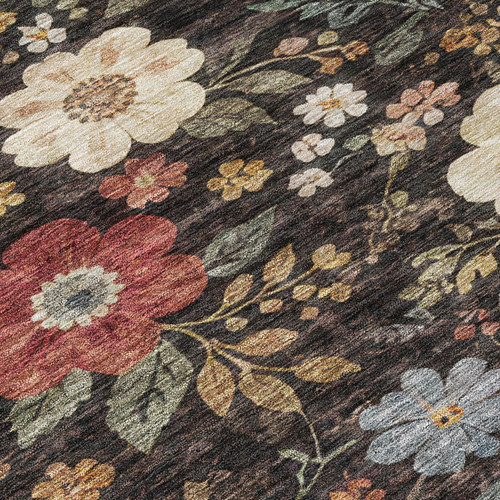 9' X 12' Black And Graphite Floral Washable Indoor Outdoor Area Rug