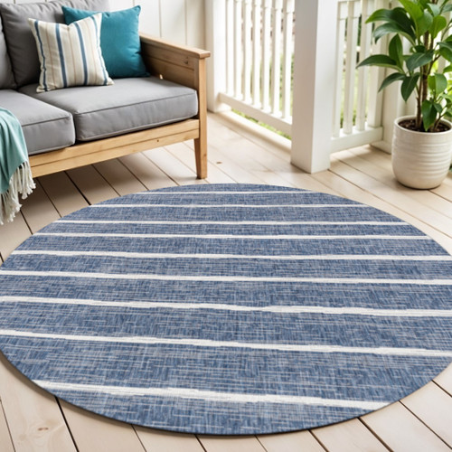 6' Blue And Ivory Round Striped Indoor Outdoor Area Rug