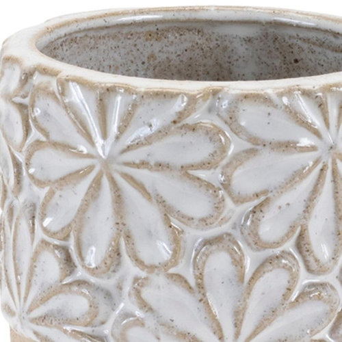 Set of Two Beige And Gray Ceramic 5 Ounce Leaf Round Pot Planters