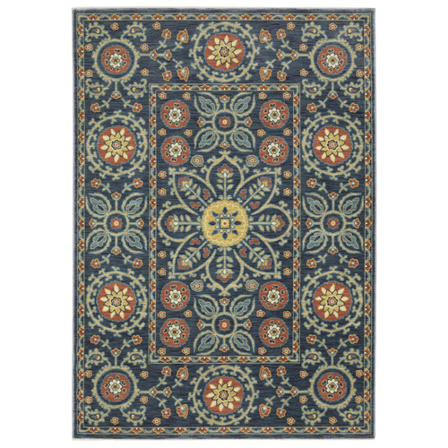7' X 10' Blue And Rust Medallion Area Rug With Fringe