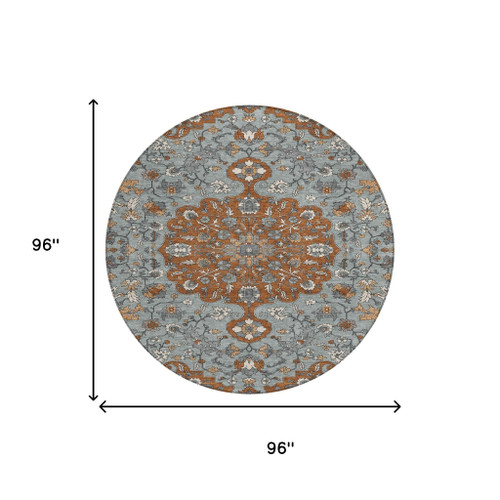 8' Orange And Gray Round Floral Medallion Washable Indoor Outdoor Area Rug