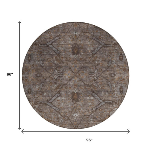 8' Brown And Taupe Round Floral Washable Indoor Outdoor Area Rug