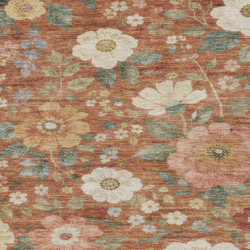 9' X 12' Orange And Beige Floral Washable Indoor Outdoor Area Rug