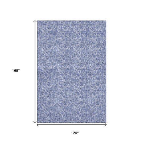 10' X 14' Denim Blue And Ivory Floral Washable Area Rug With UV Protection