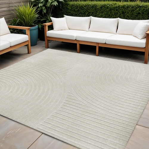 6' Ivory And Cream Square Striped Indoor Outdoor Area Rug