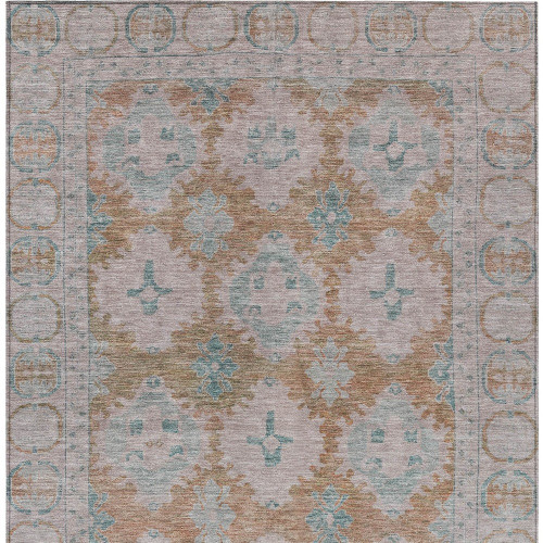 5' X 8' Terra Cotta And Teal Blue Damask Washable Indoor Outdoor Area Rug
