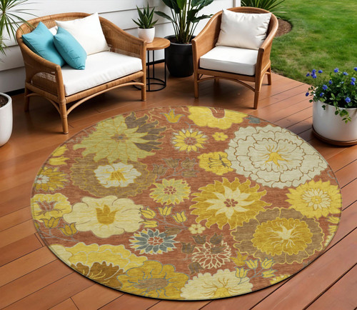 8' Terra Cotta Gold And Beige Round Floral Washable Indoor Outdoor Area Rug