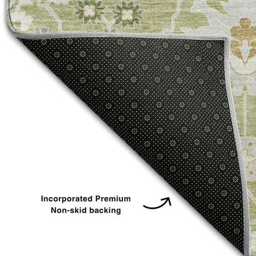 9' X 12' Artichoke Green Gray And Ivory Oriental Washable Area Rug With UV Protection